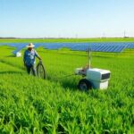 Farmers using solar irrigation in green fields.