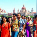 Diverse people walking in a vibrant urban setting.