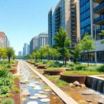 Urban landscape with green infrastructure for water sustainability.