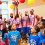 Harlem Globetrotters interacting with children at FAO Headquarters.