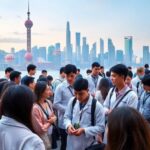 Young scientists networking in Shanghai with city skyline backdrop.