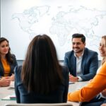Diverse experts discussing global issues in a conference room.