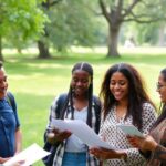 Diverse group collaborating outdoors in a green park.