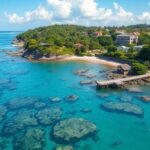 Coastal landscape with marine life and sustainable structures.