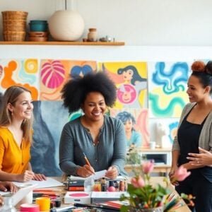 Diverse women collaborating in a creative workspace.