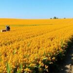 Farmers working in a lush green field under blue sky.