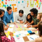 Diverse team collaborating in a vibrant project development setting.