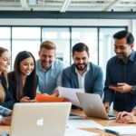 Diverse team collaborating in a bright office setting.