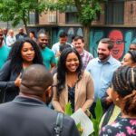 Community leaders engaging with residents in a vibrant Detroit.