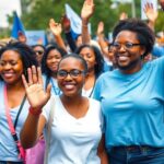 Diverse group in blue and white attire demonstrating together.