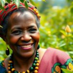 Wangari Maathai smiling among lush green plants.