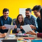 Diverse young leaders collaborate in a creative workspace.