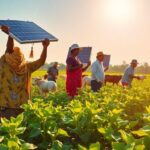 Farmers with solar kits in a sunny agricultural setting.