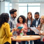 Diverse team collaborating in a bright, modern office.