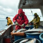 Fishing harvesters working on a boat in Newfoundland.