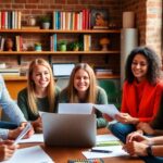 Diverse individuals collaborating on grant applications in a workspace.
