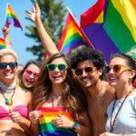 Diverse group celebrating together in colorful attire.