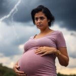 Pregnant woman outdoors under a stormy sky.