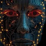 Blended human face with digital circuitry elements.