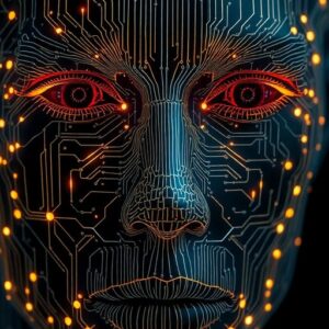 Blended human face with digital circuitry elements.