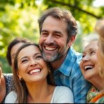 Smiling person with loved ones in a beautiful outdoor setting.