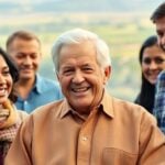 Jimmy Carter smiling with diverse individuals in a serene setting.