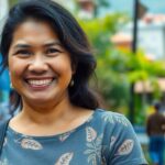Mariluz smiling confidently in a vibrant community setting.