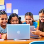 Girls using laptops and tablets in a classroom.