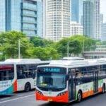 Diverse transportation modes in a green urban Asian landscape.