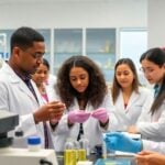 Researchers collaborating in a bright laboratory setting.
