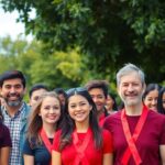 Diverse group united for World AIDS Day with red ribbons.