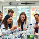 Diverse professionals collaborating in a modern laboratory setting.