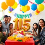 Employees celebrating FRIDA's 15th anniversary in a bright office.