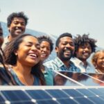Diverse community members interact with solar panels outdoors.