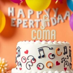 Colorful balloons and a cake for Freddie Mercury's birthday.