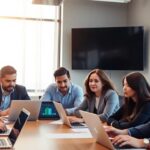 Professionals collaborating in a modern office setting.