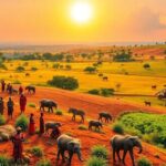 Vibrant African landscape with people and wildlife.