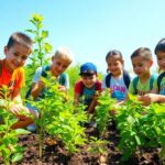 Young conservationists planting trees in a green landscape.