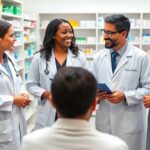 Diverse pharmacists collaborating in a pharmacy environment.