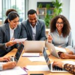Diverse professionals discussing gender data in a modern office.