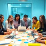 Diverse professionals collaborating in a bright conference setting.