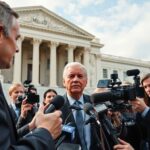 Journalists interviewing a politician outside a government building.
