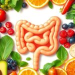 Colorful fruits and vegetables promoting gut health and wellness.