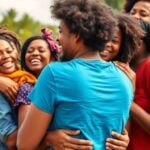 Diverse migrants joyfully embracing in a sunny setting.