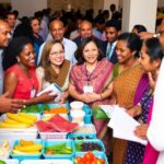 Diverse leaders discussing child nutrition at a vibrant gathering.