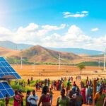 Diverse African landscapes with solar panels and wind turbines.