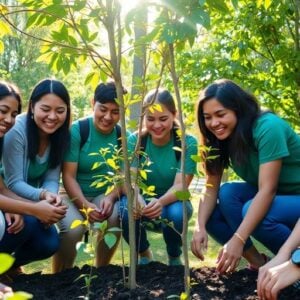 Volunteers planting trees together in a sunny environment.