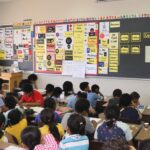Diverse classroom with students learning multiple languages.