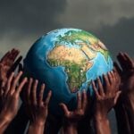 Global hands reaching out; aid cuts impact communities.