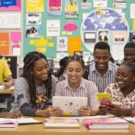 Students collaborating in a colorful classroom setting.